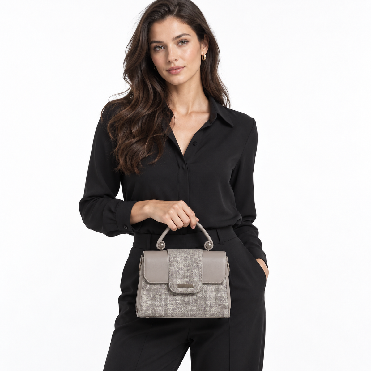 ELVARA — DOVE GREY TEXTURED HANDBAG