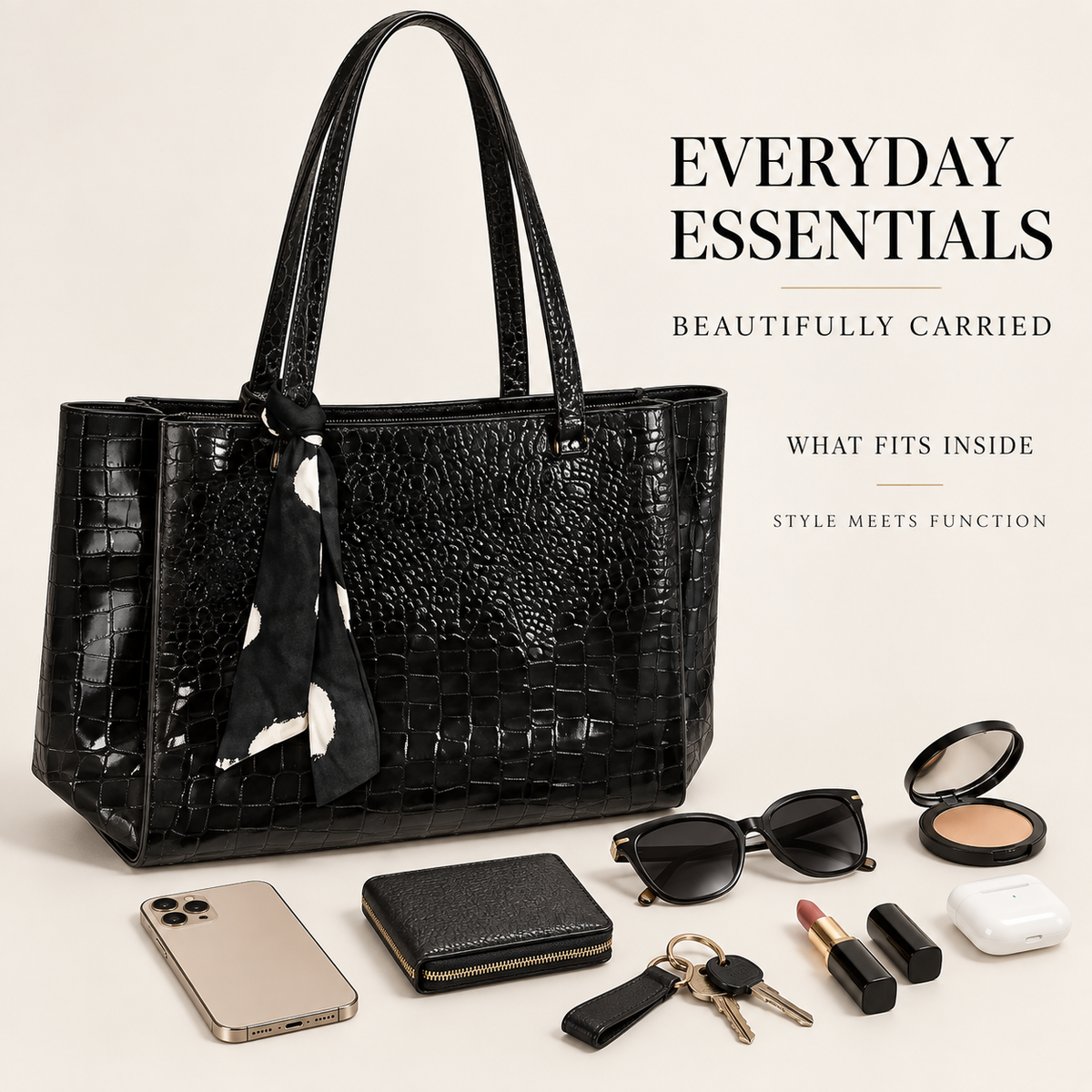 NOIRELLE — BLACK CROC-EMBOSSED TOTE BAG