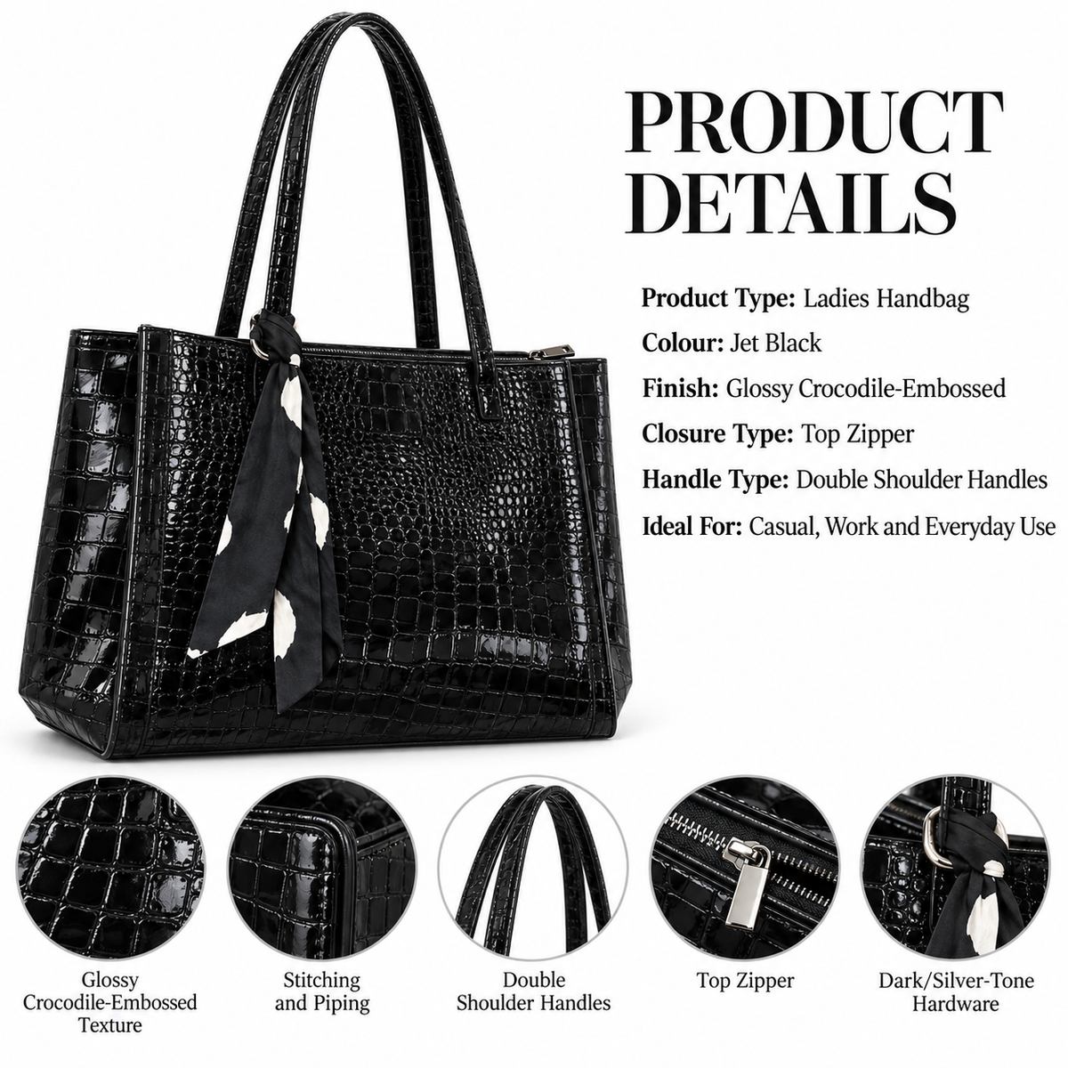 NOIRELLE — BLACK CROC-EMBOSSED TOTE BAG