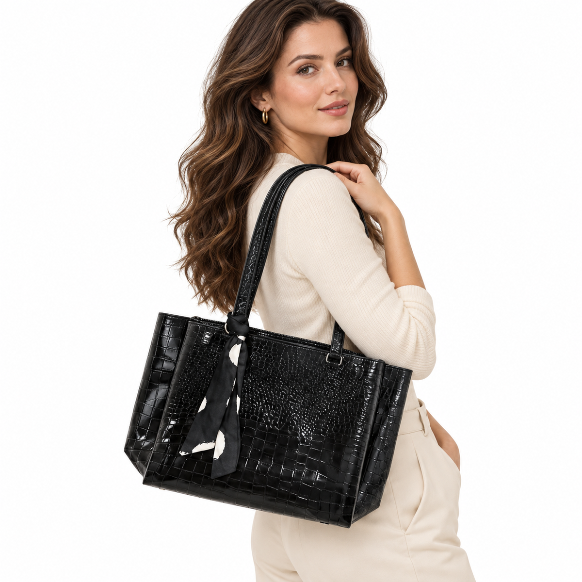 NOIRELLE — BLACK CROC-EMBOSSED TOTE BAG