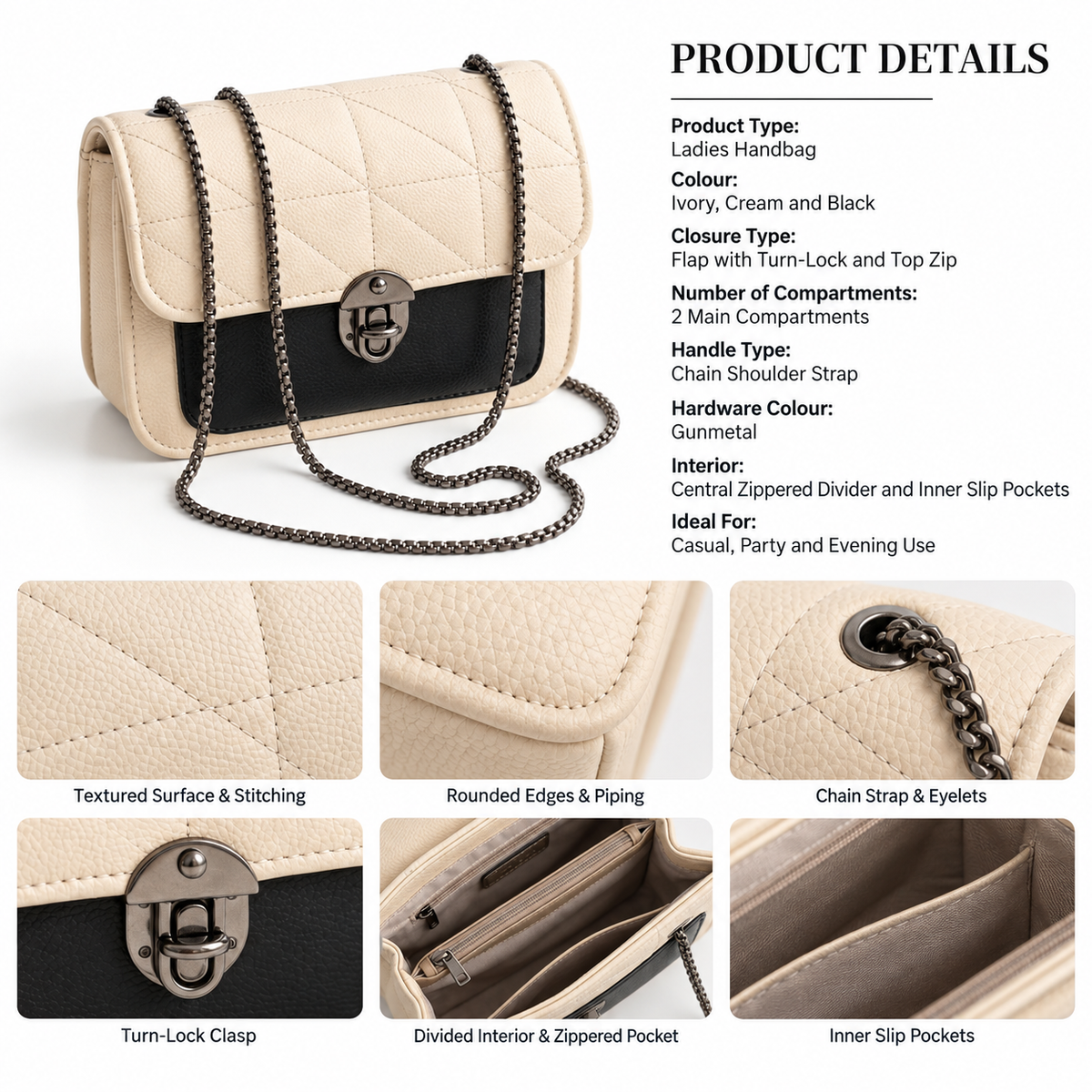ELIORA — IVORY QUILTED CHAIN BAG