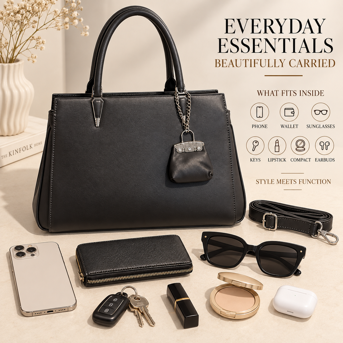 VARELLE — BLACK STRUCTURED TOTE SATCHEL